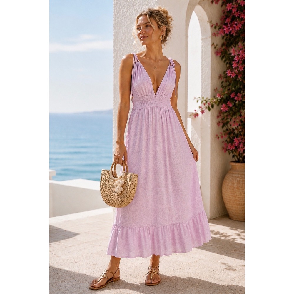 Pink Leopard Jacquard Maxi Dress Women XL Sleeveless Deep V Tie Shoulder Smocked